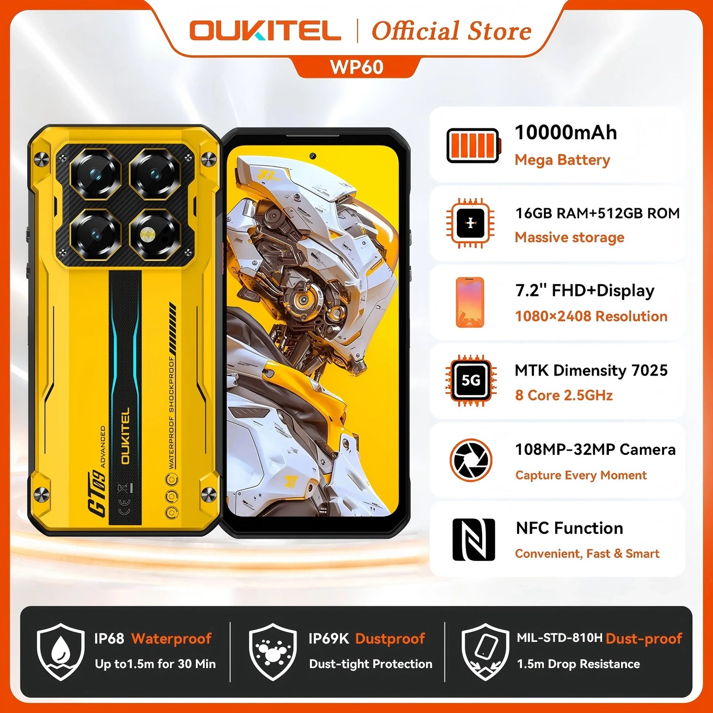 OUKITEL WP60 5G NFC Smartphone 10000mAh 48GB(16+32) +512GB, MTK 7025 Android 15 Rugged Phone, 108MP Camera, 120Hz