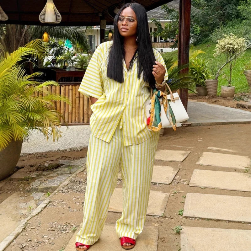 New African Fashion Women Two Piece Set Yellow Striped Printed Loose Shirt Top and Wide Leg Pants Set Outfits