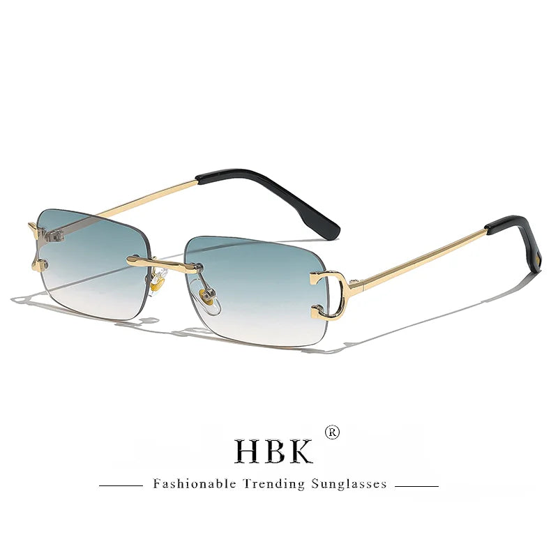 HBK Retro Rimless Small Sunglasses Women Metal Rectangle Gold Frame Brand Design Men Eyewear Driving Travel Beach Eyewear UV400