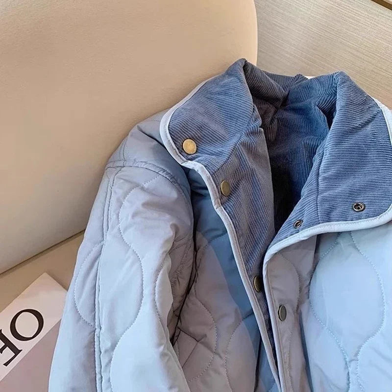 MEXZT Corduroy Parka Women Fashion Patchwork Puffer Jacket Winter Korean Down Coats Long Sleeve Casual Cotton Padded Outerwears