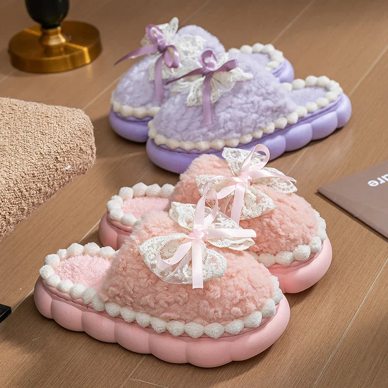 Winter Warm Fur Slippers For Women Thick-Soled Household Slippers Cute Bow Non Slip Soft Home Shoes Indoor Plush Women's Slipper