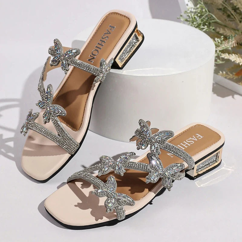 Luxury Crystal Butterfly Sandals for Women Summer Hollow Out Square Heels Sandals Woman Elegant Med Heel Party Shoes Plus Size