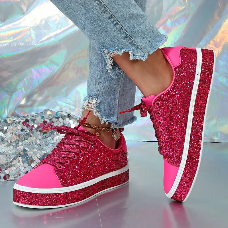 Women Glitter Sequin Leather Pink Sports Shoes Thick Soled Casual Shoes 2025 Ladies Spring Comfortable Lace-up Flat Sneakers