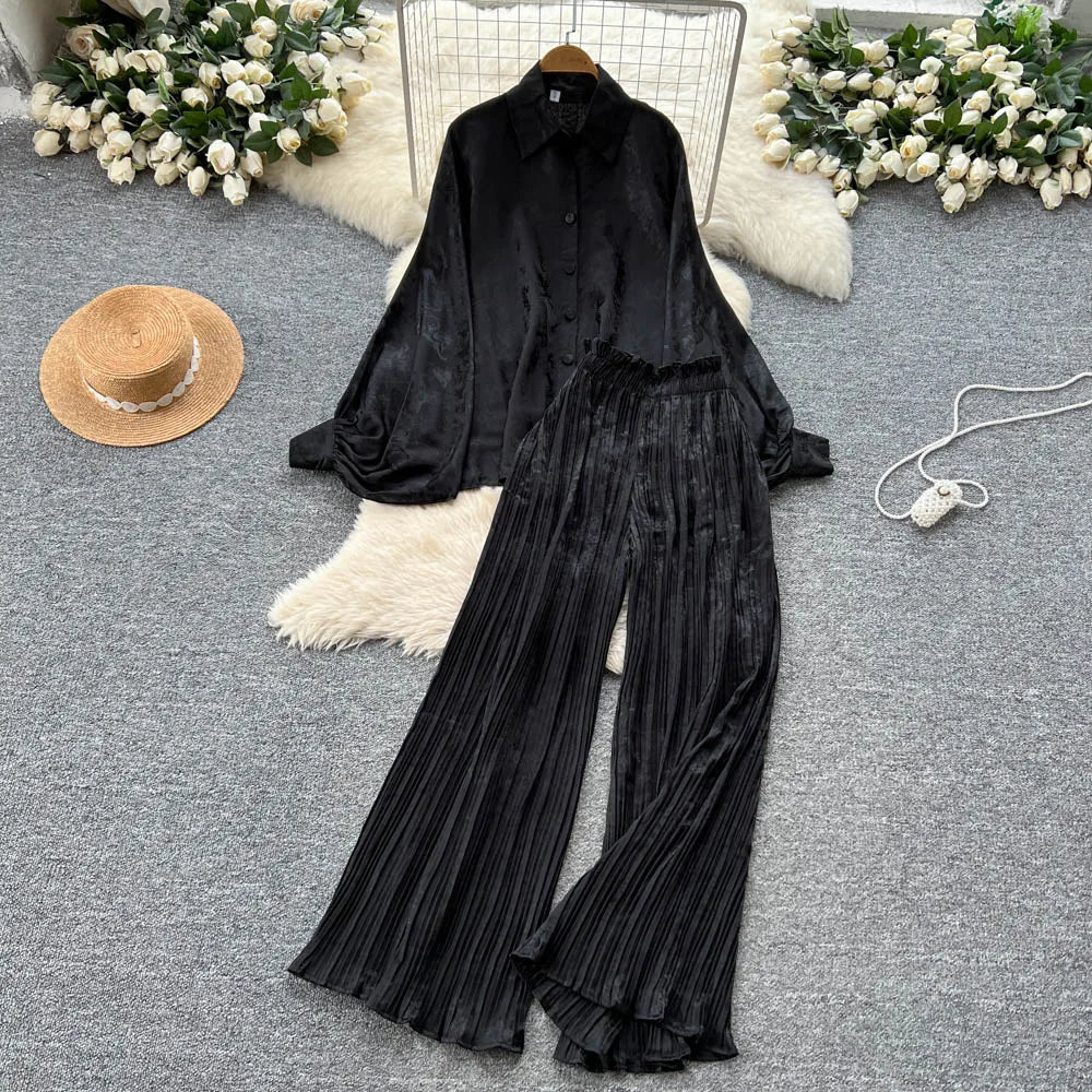 Elegant For Women's Fashion Sets Casual Long Sleeve Shirt Straight Pants Suit Female 2024 Loose Print Tops Two Pieces Outfits
