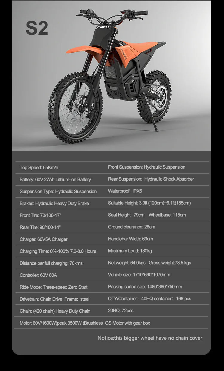 S1 E-Bike Off-Road Electric Bike with 14 Inch Front 12 Inch Rear Tires 3000W 3500W DC Motor 60V 27Ah Battery 130KG Max Load