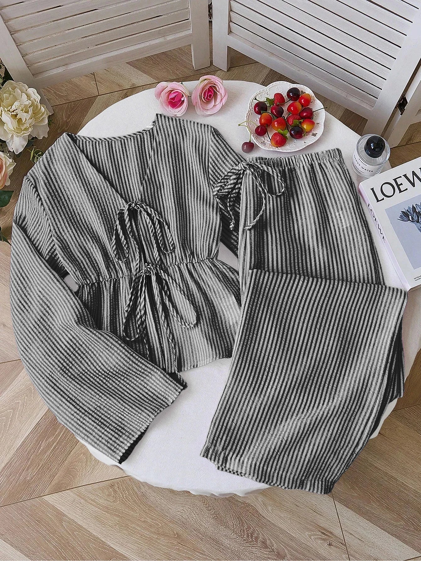 2026 Summer Two Piece Set Women Striped V Neck Lace Up Sleeveless Blouse High Waist Wide Leg Pants Suits Sweet Casual Tracksuits