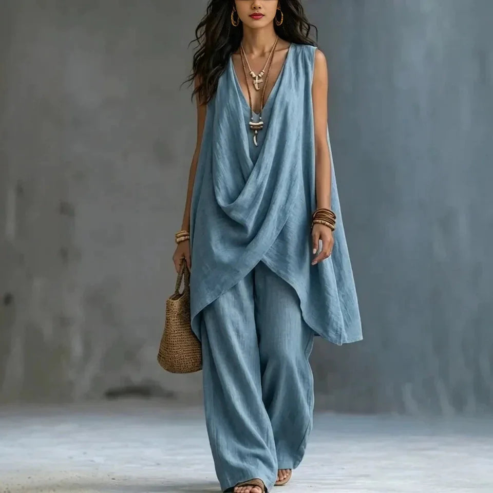 2026 Summer Linen Cotton Sleeveless Stand Collar Set Women Casual Loose Fit Solid Wide Leg Pants Vacation Outfit