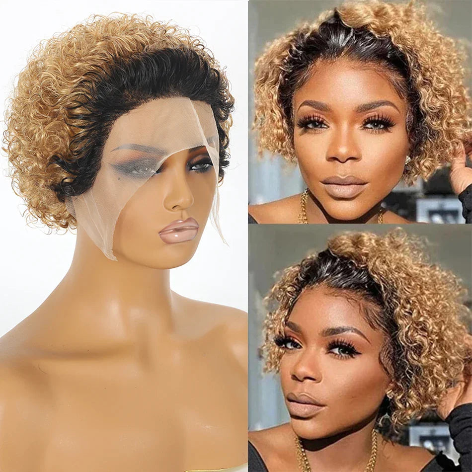 Pelucas Pixie Cut Cabello Humano Ombre 1B/27 Corto Rizado Pelucas de Encaje Frontal Brasileñas Onda de Agua Bob Peluca 13x1 Pelucas de Encaje Transparente 180%