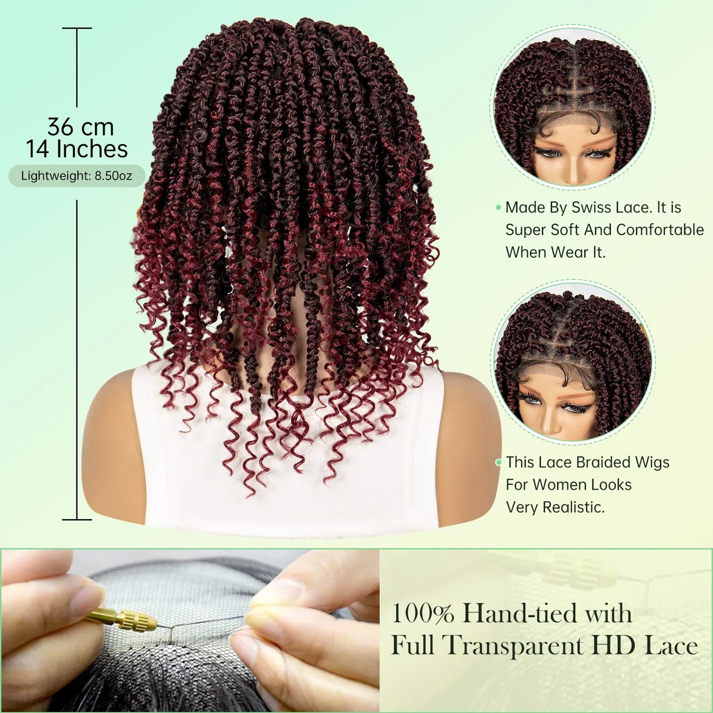 14Inch Full Lace Braided Wigs Synthetic Lace Frontal Twisted Braids Wigs with Baby Hair Knotless Box Braids Wig for Black Women