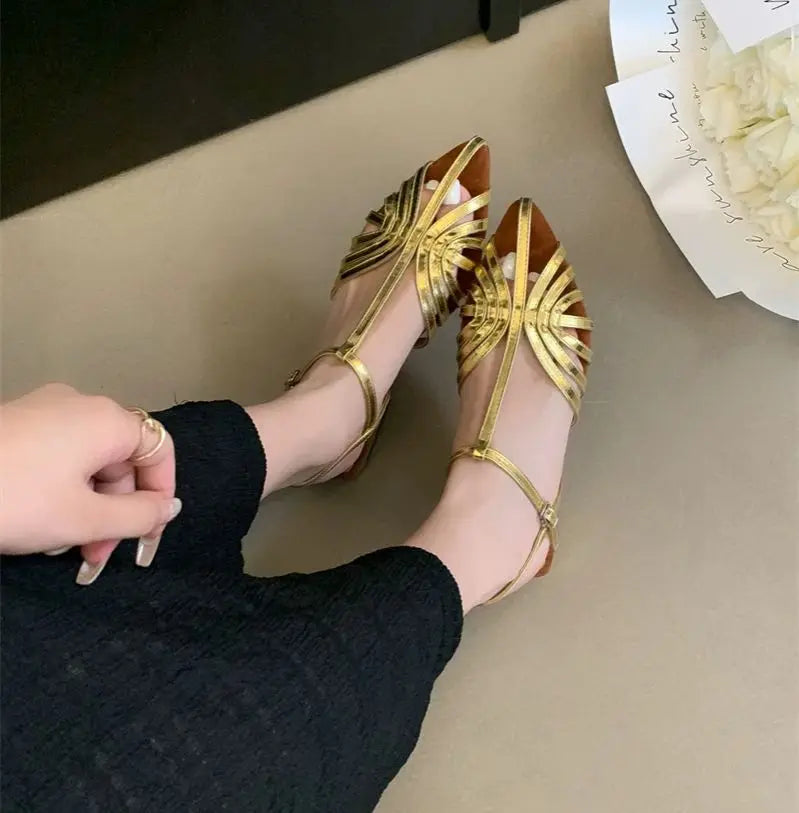ZAROY Women Roman Sandals Summer Low Heel Ankle Strap Buckle Sandals Pointed Toe Hollowed Out T-strap Sandalias сандали