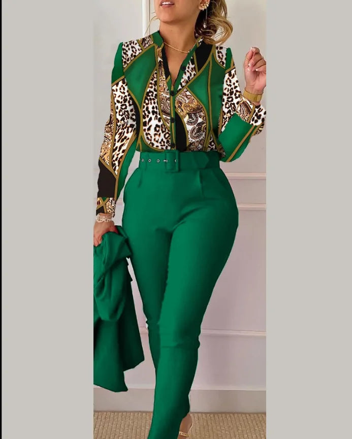 Women Shirt Pants Set Autumn Elegant Fashion V Neck Floral Print Long Sleeve High Waist Office Lady Casual Trousers Suits