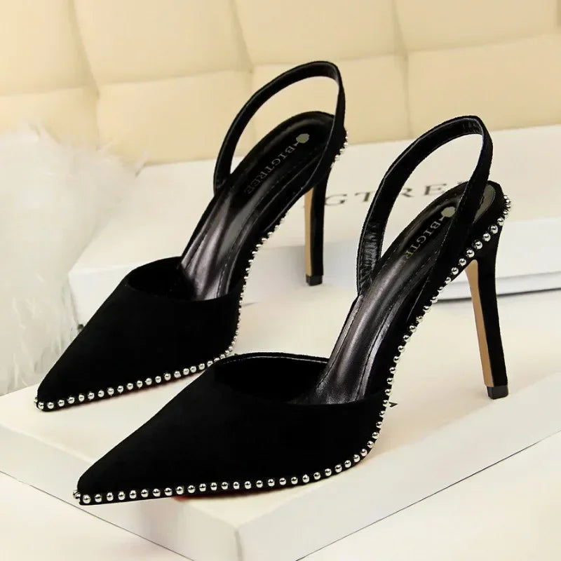 Branded Rivet Studded Beaded Design Sandals Women Summer Sexy Pointed Toe Thin High Heels Elegant Wedding Slide Pumps for Ladies