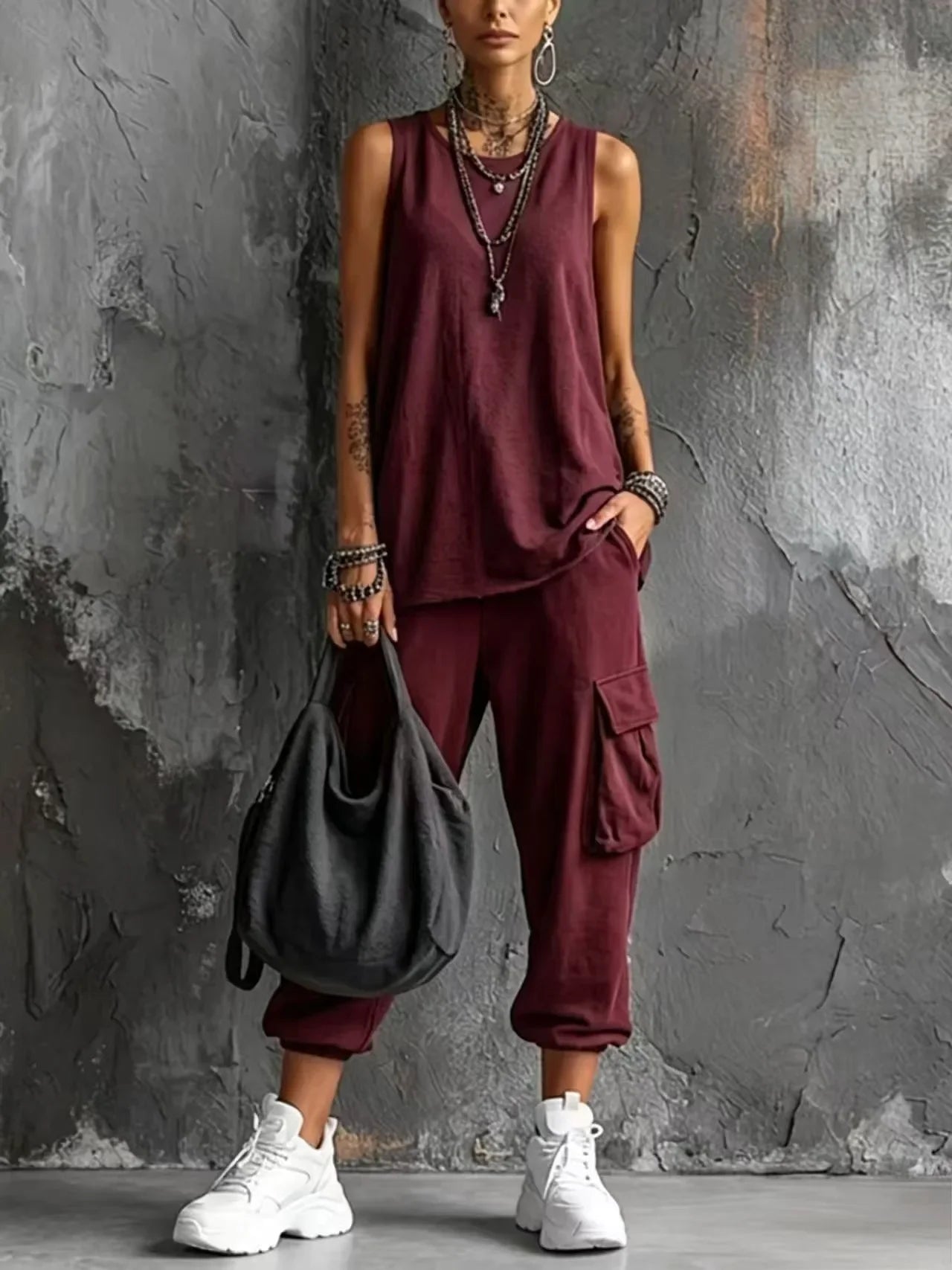 Boho Vacation Summer Sport Outfits Woman O Neck Sleeveless Top Big Pocket Capri Pants Sets Spring Casual Loose Suit Harajuku