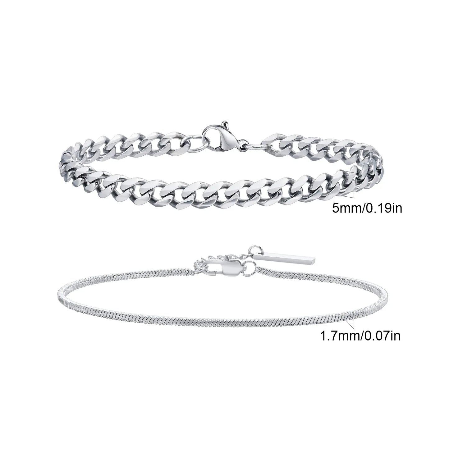 2pcs Men's Chain Bracelets, Stainless Steel Silver Gold Black Color