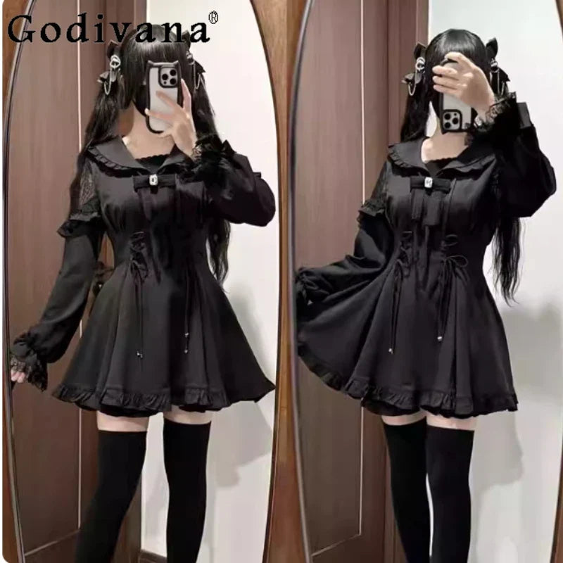 Large Size Spring Autumn Sweet Black Sailor Collar Long Sleeve Japanese Dress Shorts High Waist A-line Bow Age Reduction Sets