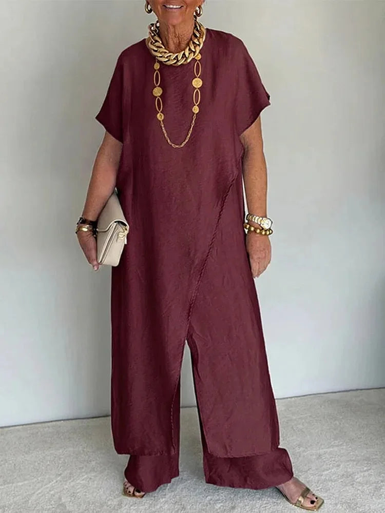 Loose Irregular 2 Piece Set for Women Short Sleeve Round Neck Long Top + Wide Leg Pants Casual Outdoor Commuting Versatile Suit