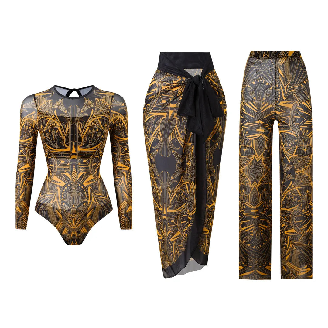 S - XXL 3PCS New Printed Long Sleeve With Pants Sarong Women Swimwear One Piece Swimsuit Female Bather Bathing Suit Swim V7180