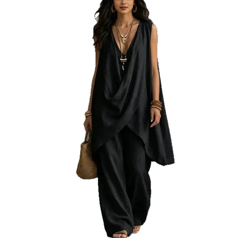 2026 Summer Linen Cotton Sleeveless Stand Collar Set Women Casual Loose Fit Solid Wide Leg Pants Vacation Outfit