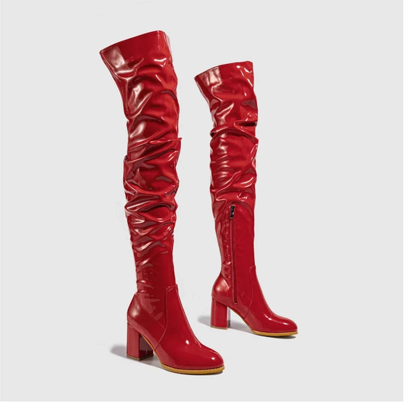 Hlieny 2026 Winter New Thigh High Boots Fashion Patent Leather Round Toe Zip Female Square Heels Pleated Design Women's Shoes
