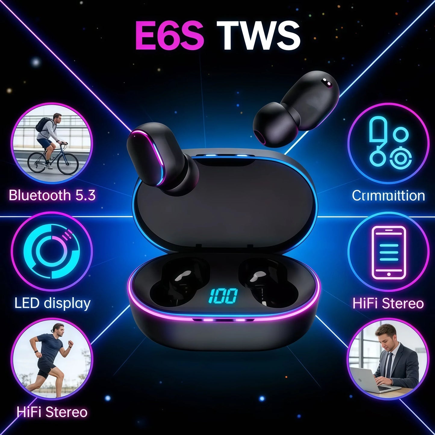 E6STWS Bluetooth headphones are wireless Bluetooth music headphones and noise-cancelling headphones suitable for Android and ios
