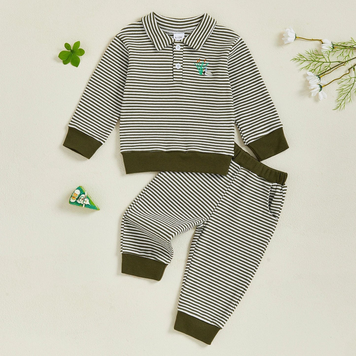 Baby Toddler Boys 2Pcs Long Sleeve Embroidery Duck Top with Striped Pants Infant Clothes Set
