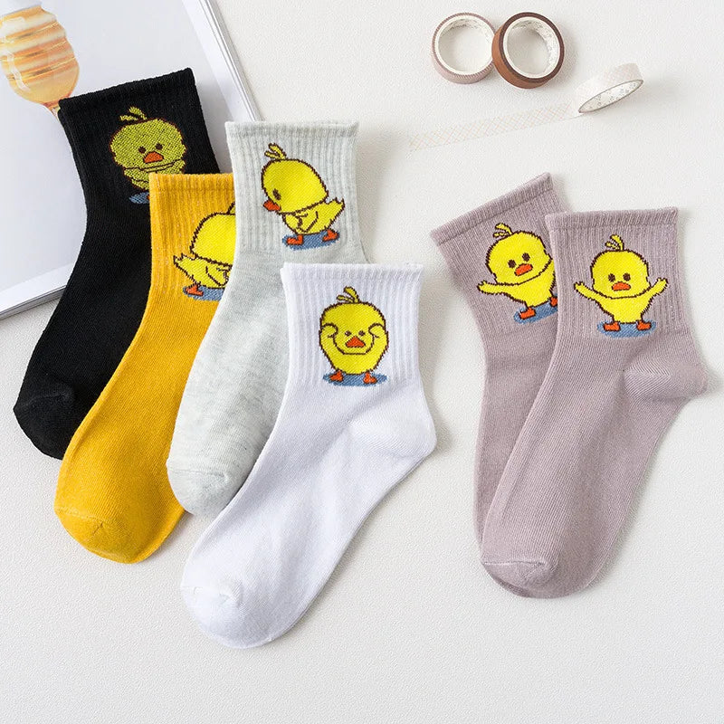 5 Pairs Women Fruit Print Socks Set Cute Casual Korean Fashion Kawaii Japanese Style Pumpkin Strawberry Banana Peach Avocado Sox