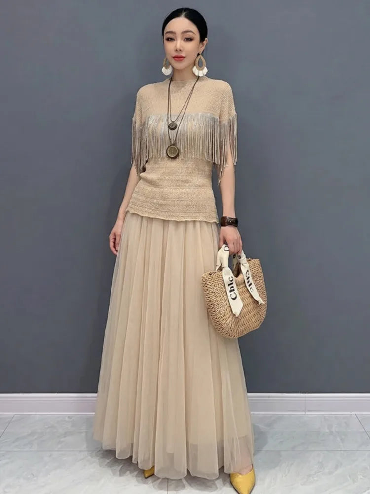 SHENGPALAE Fringe Short Sleeve Knit Top Tulle Maxi Skirt Two Piece Set Elegant Casual Summer Women Outfit 2026 New Summer