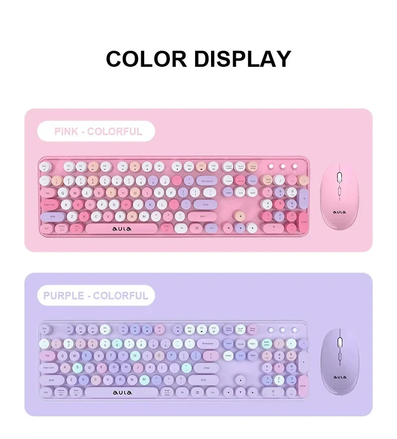 AULA Wireless Keyboard Mouse Combo 104 Keys Retro Round Keycaps Silent Typing 2.4G Ergonomic Office Gaming Set for PC Laptop