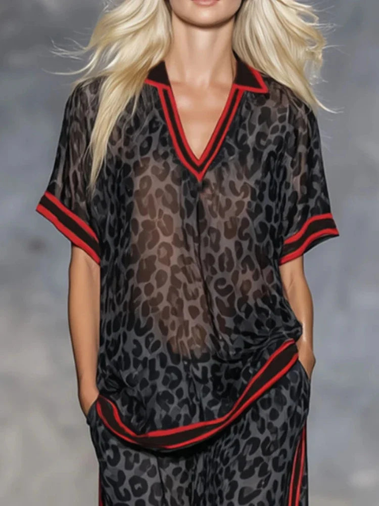 Summer Women's Casual Trousers Set Leopard Print Stripe Contrast Color V-Neck Short-sleeved Top Wide-leg Pants Two-piece Sets