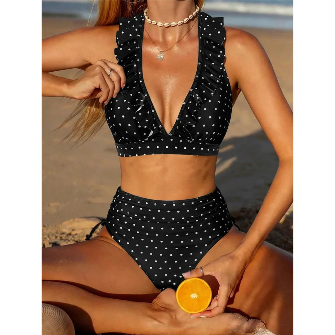 S - XL Polka Dot V Neck High Waist Bikini Female Swimsuit Women Swimwear Bather Bathing Suit Swim Two-pieces Bikini set K8111