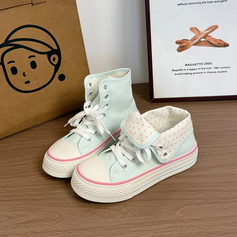 New High Help Canvas Shoes Dots Women's Casual Shoes Woman Vulcanize Sneakers Comfortable Sport Walking Platform Flats Shoes 015
