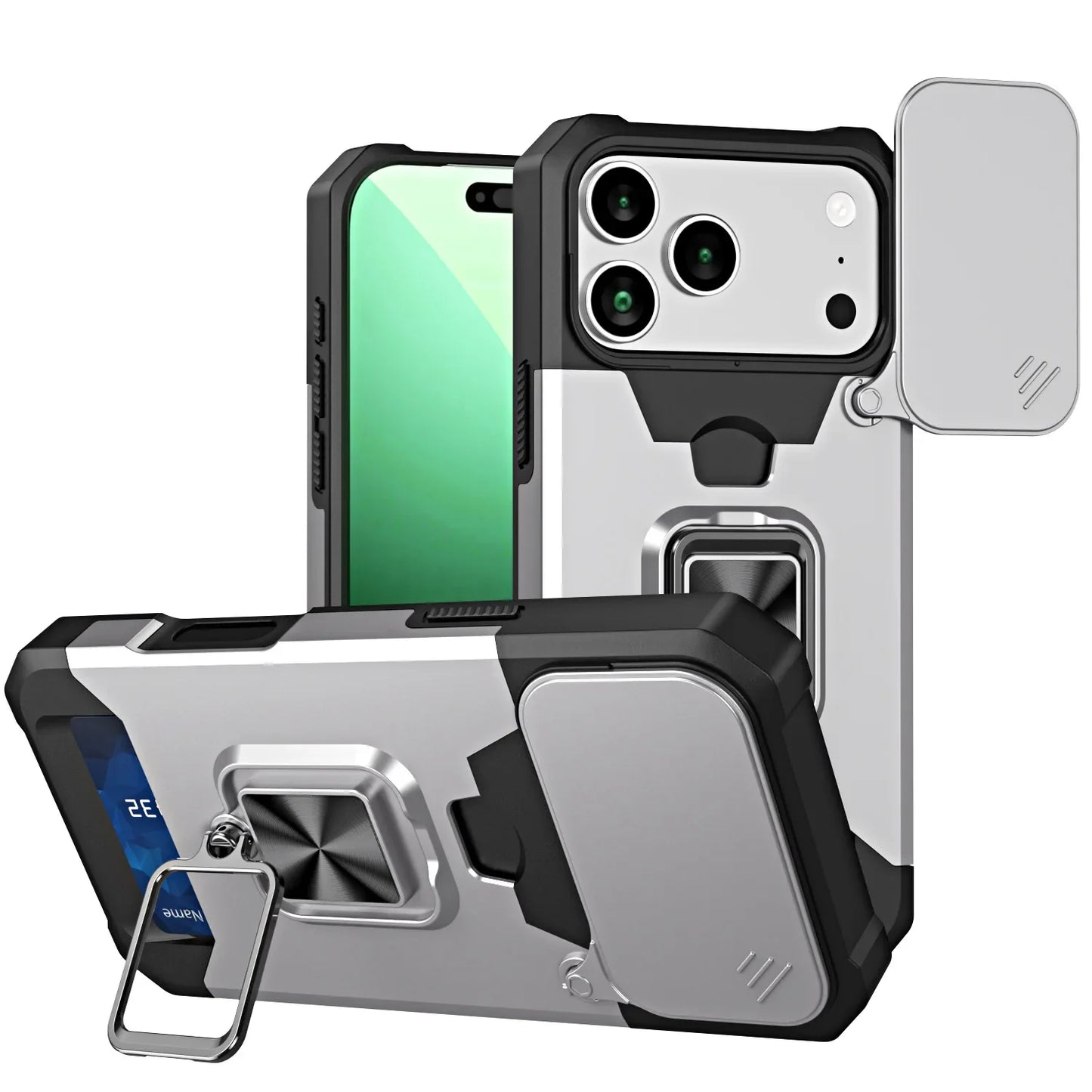 Case For iPhone 17 16 15 14 13 12 11  Pro Max XS Plus Slide Camera Card Holder Slot Duty Wallet Protective With Ring Stand Cover