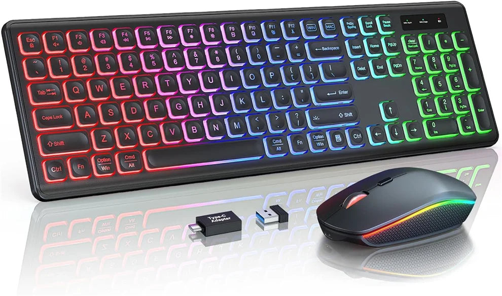 USB Wireless Keyboard and Mouse Set RGB Backlit Rechargeable Light Up Letters Full-Size Wireless Keyboard for Computer