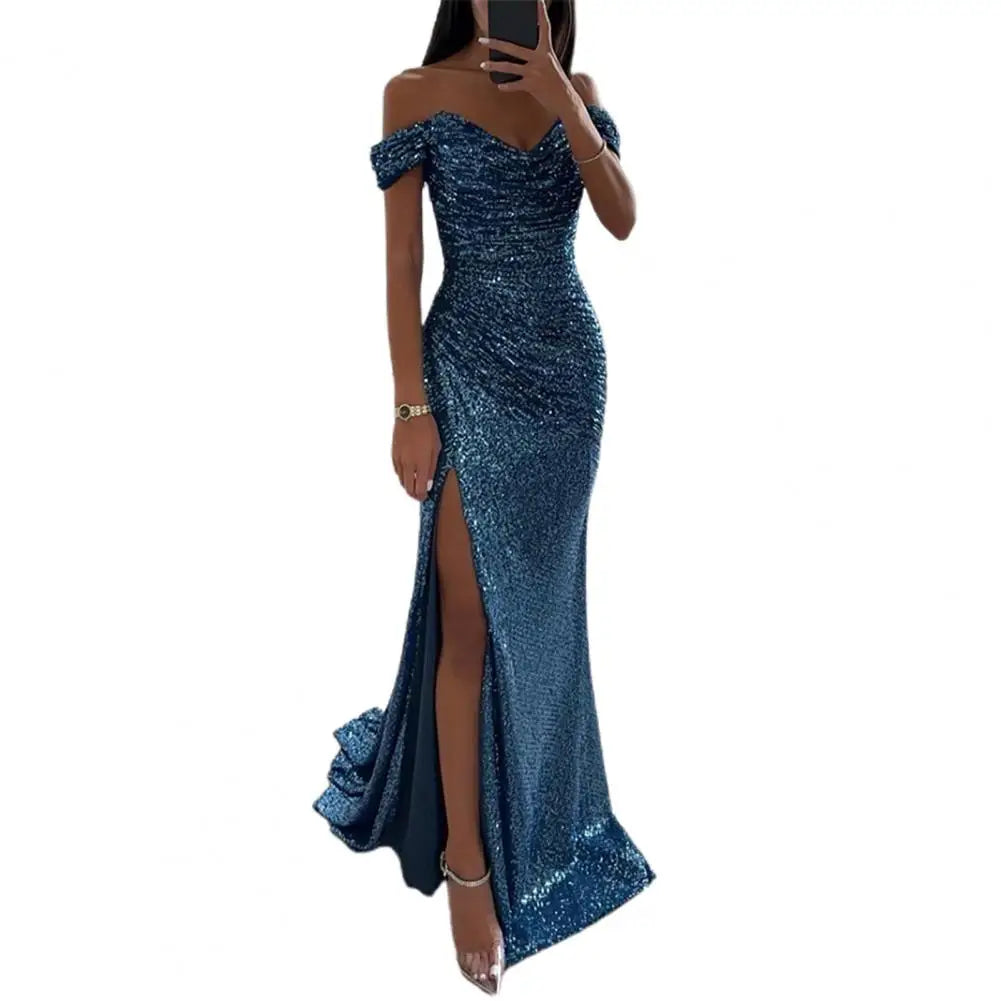 Elegante vestido de noche con cuello en V, hombros descubiertos, maxi vestido con lentejuelas, cintura plisada, ajustado, sexy, con abertura, vestidos largos