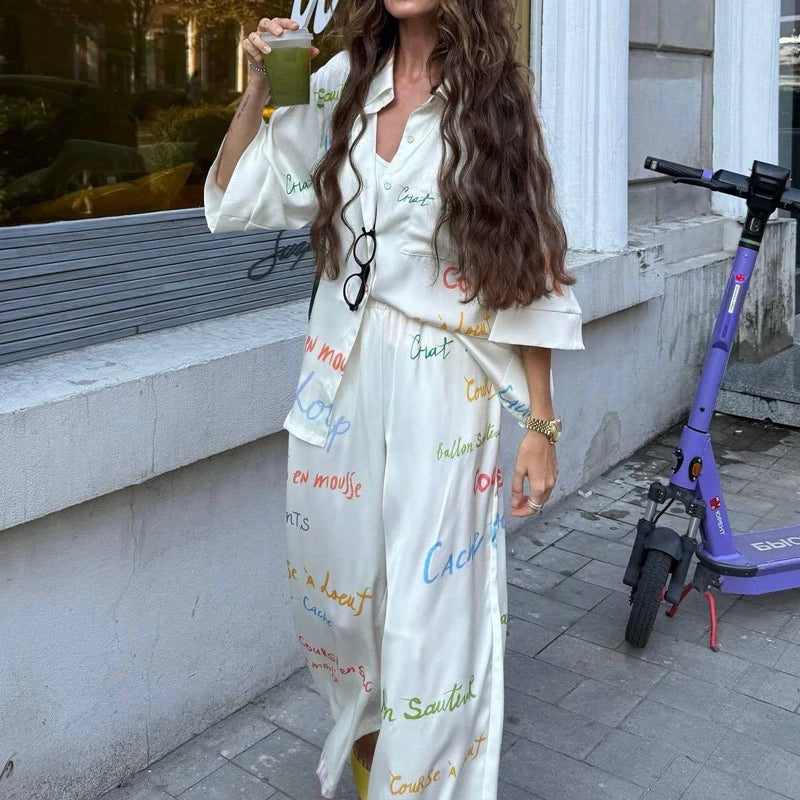 Summer Loose Soft Commute Two Piece Sets Elegant Lady High Waist Pants Set Casual Lapel Long Sleeve Printed Shirts And Pants Set