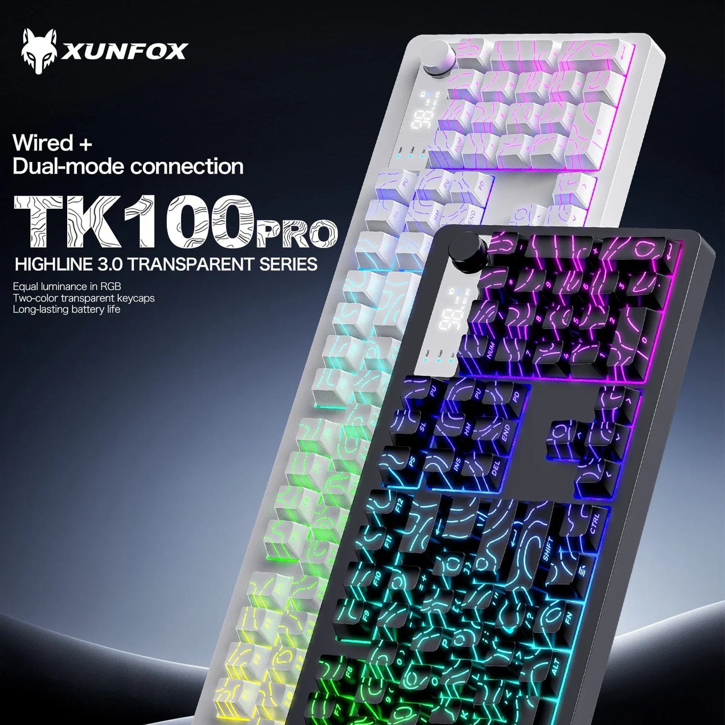 TK100 Wireless Bluetooth Wired Triple-Mode Mechanical Feel Keyboard with High-Definition Display, Rotary Knob and RGB Lighting