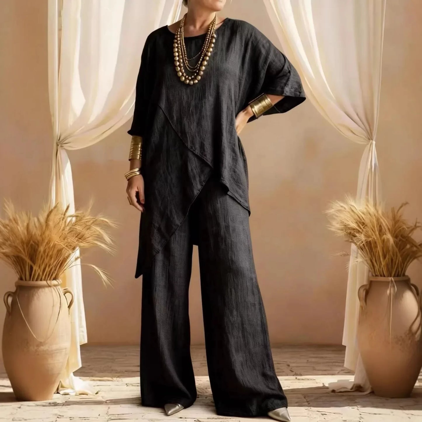 2026 Fashion Loose Women's Matching Sets Casual Half Sleeve Loose Tops And Wide Leg Pants 2 Piece Outfits Woman