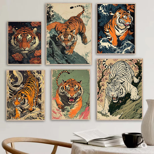 Vintage Ukiyo-e Tiger Canvas Art – Japanese Style Wall Decor Print for Living Room Bedroom Nordic Home Decoration Poster