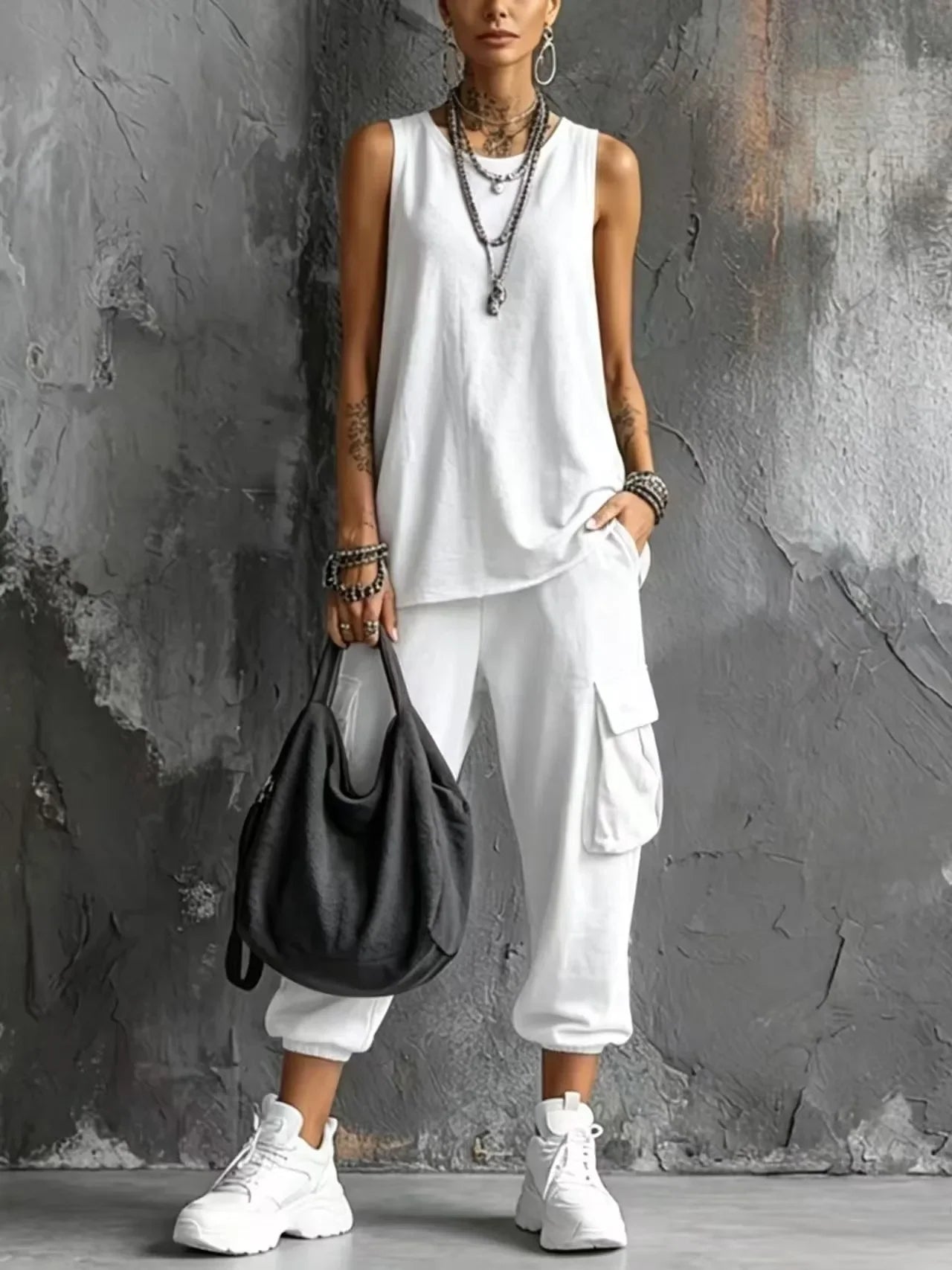 Solid Color Sports Two-piece Set Summer Fashion Sleeveless Top+wide Leg Pants Suit With Pockets Ladies O-neck Streetwear Outfit