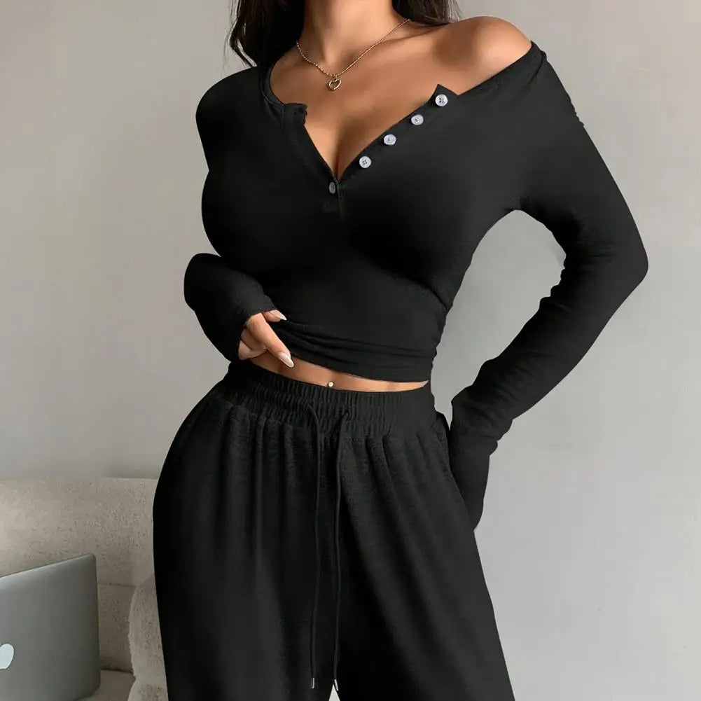 Button Up Crop Top & Wide Leg Pants Set, Women's Long Sleeve Matching Lounge Outfit Casual Fall Spring Tracksuits ﻿