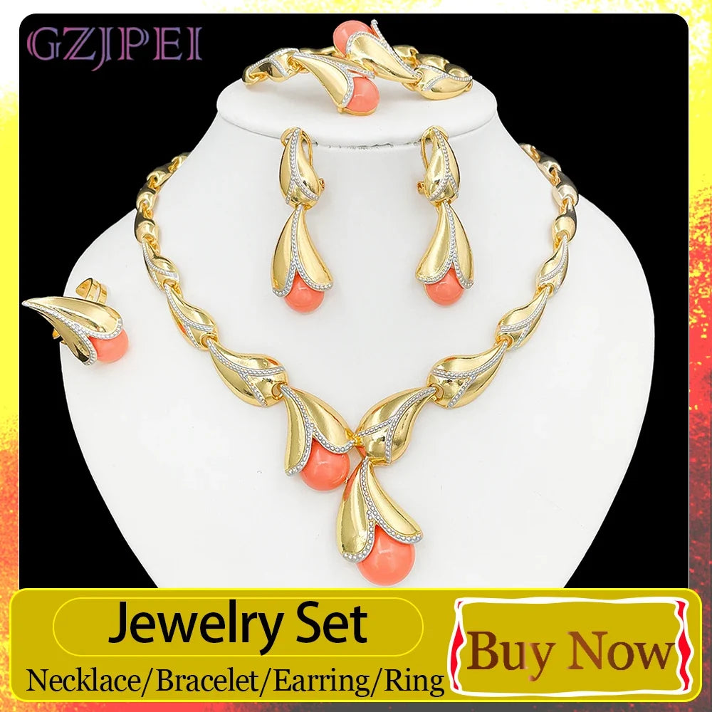 GZJPEI 4Pcs Freshwater Pearl Jewelry Set Unique Italy 18K Gold Plated Water Drop Jewellery For Women Wedding Gift 2025 New