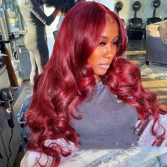 Peluca de ondas corporales, peluca frontal de encaje burdeos 13x4 13x6, peluca frontal de encaje HD 4x4, peluca de cabello humano pre-arrancado color rojo 99j.