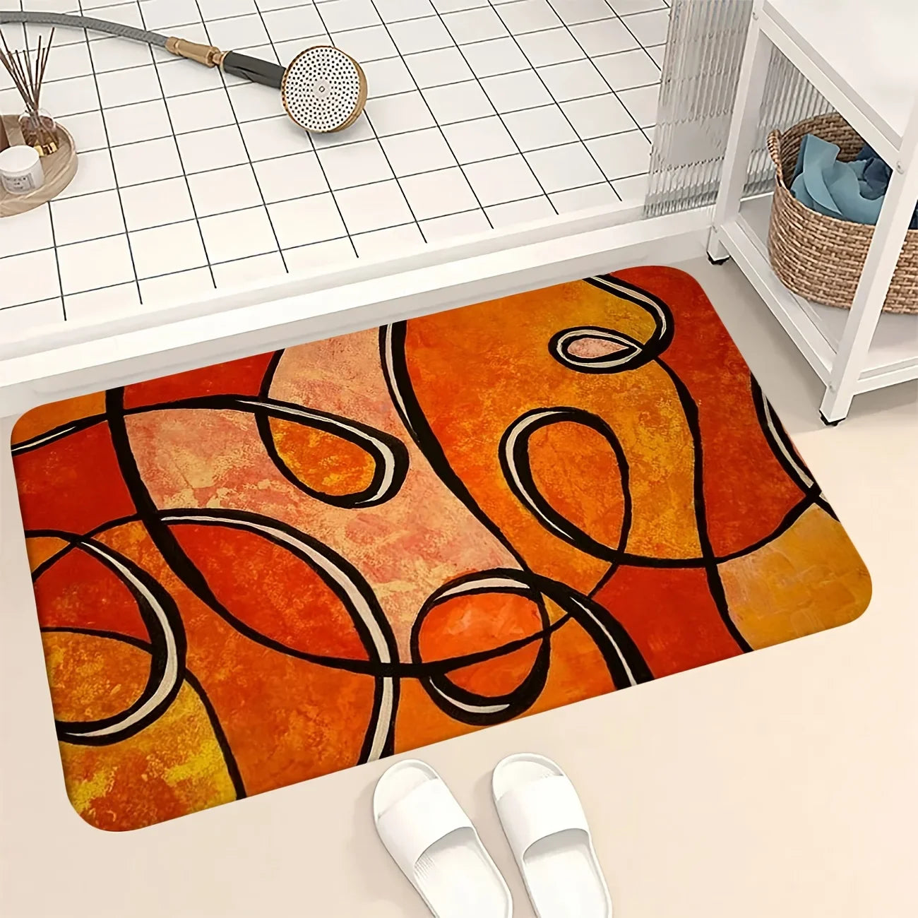 Abstract Orange Geometric Bath Mat, Black Line Print Non-Slip Rug, Soft  Carpet for Bathroom, Living Room, Kitchen, Modern Decor
