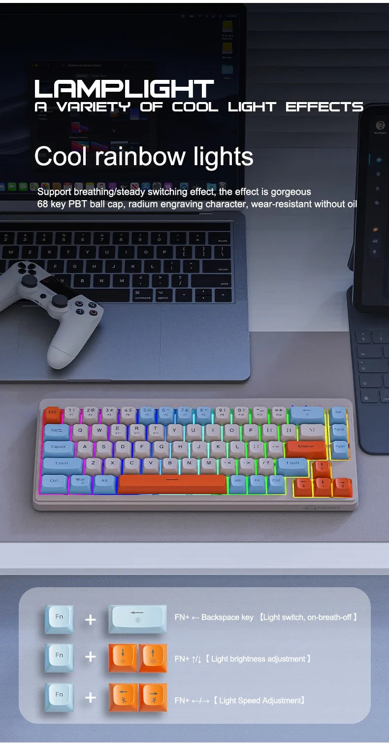 FREEWOLF M68 Wireless Keyboard and Mouse Set Multidevice Connection 68 Keys Mini Keyboard and A3 Mouse Kit PBT keycaps Backlight