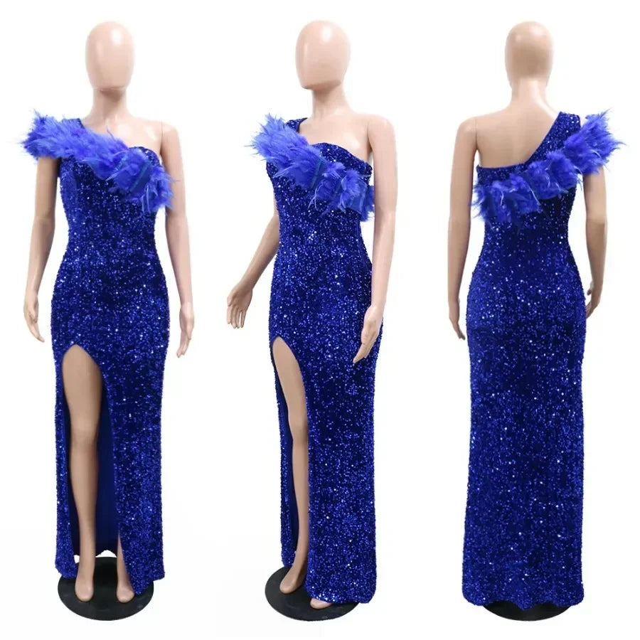 Vestido de Noche Largo con Abertura, Lentejuelas de Plumas de un Hombro, para Fiesta de Graduación, Elegante de Lujo para Celebridades, Club Nocturno, Vestidos Ajustados Sexys
