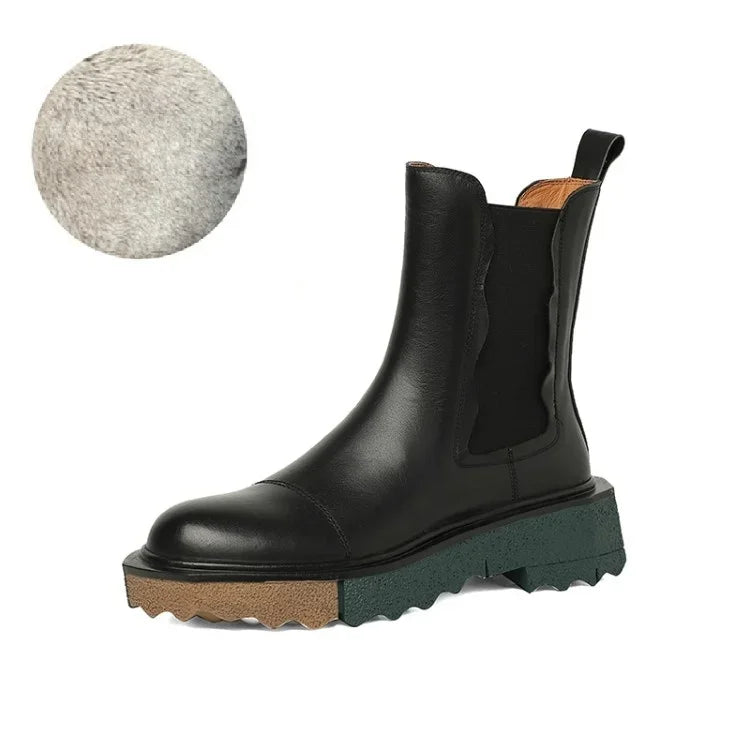 HOT SALE Autumn/Winter Women Boots Roend Toe Chunky Heel Shoes Chelsea Boots Genuine Leather Shoes for Women Flat Women Shoes