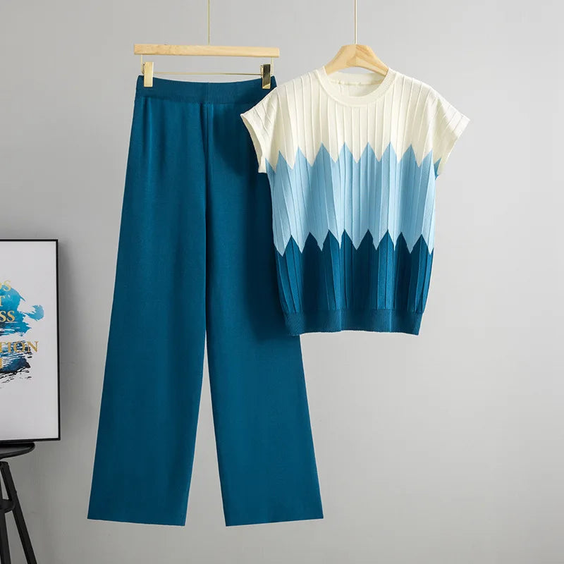 Casual Gradient Summer Knit Pants Sets Women Loungewear 2 Piece Women Set Knitted Tank Top Two Piece Set For Women