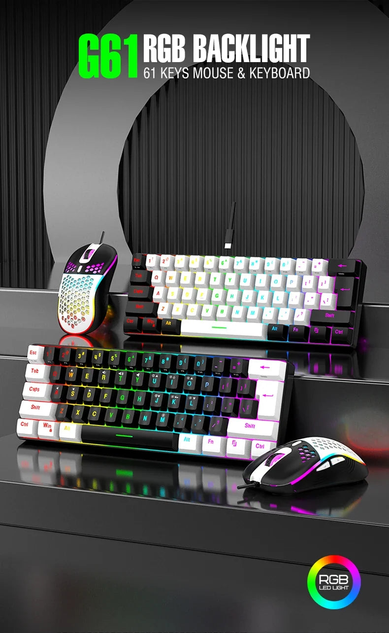 Wired 61-Key Mini Keyboard and Mouse Combo with RGB Backlight - Keyboard Mouse Set for Desktop or Laptop Computers