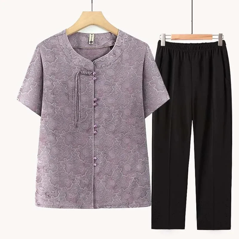 Women's New Chinese Style Short Sleeve Shirt Pants Set Summer Casual Two Piece Outfit for Elderly Mothers