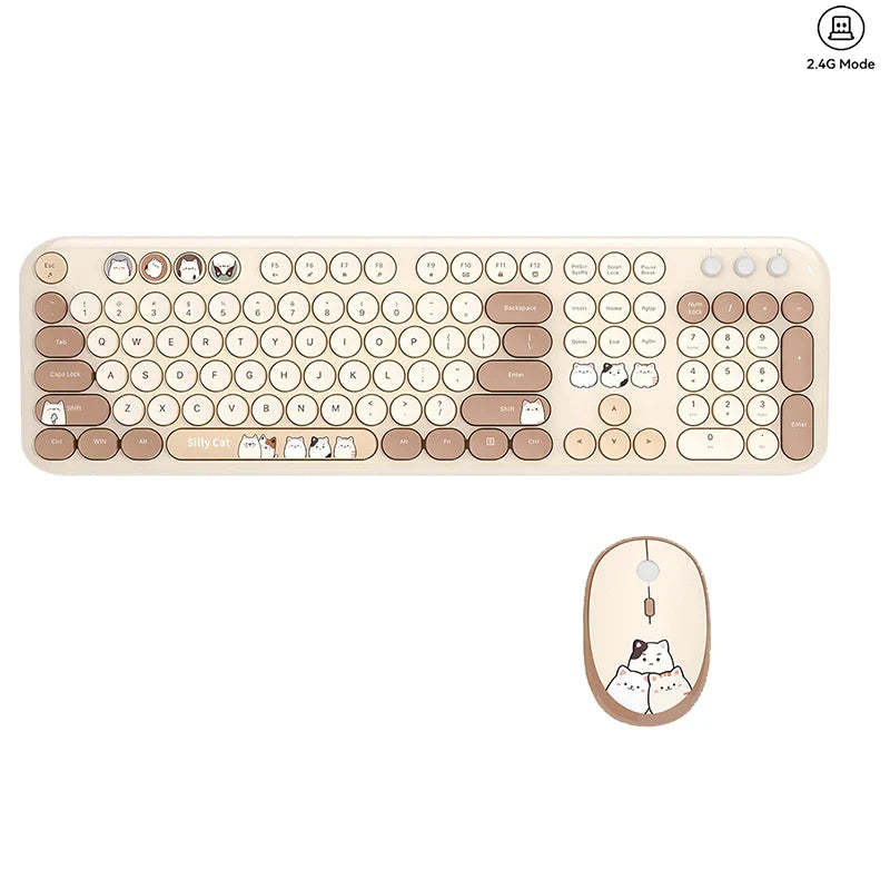 Full Size Wireless Keyboard Mouse Combo 104 Keys Retro Cute Cat Design Plug and Play Keyboard Mouse Set for Windows 7/8/10/XP